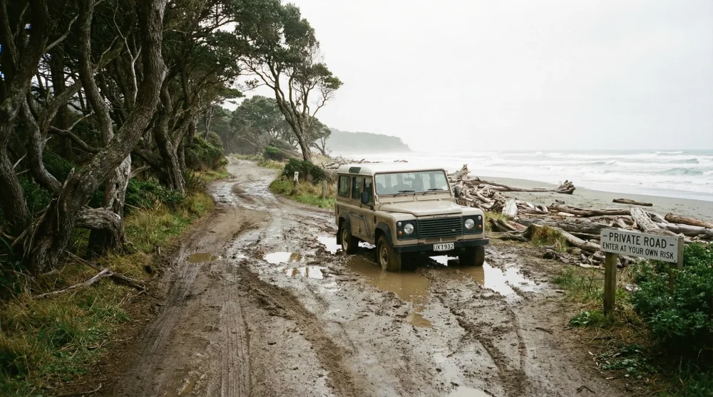Evcik Plajı'na inen, binek araçlar için dikkat gerektiren engebeli ve çamurlu toprak yol