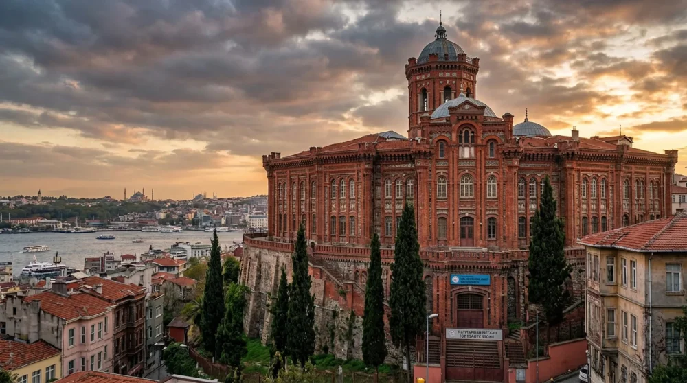 Hali&ccedil;'e tepeden bakan kırmızı tuğlalı devasa Fener Rum Erkek Lisesi binası