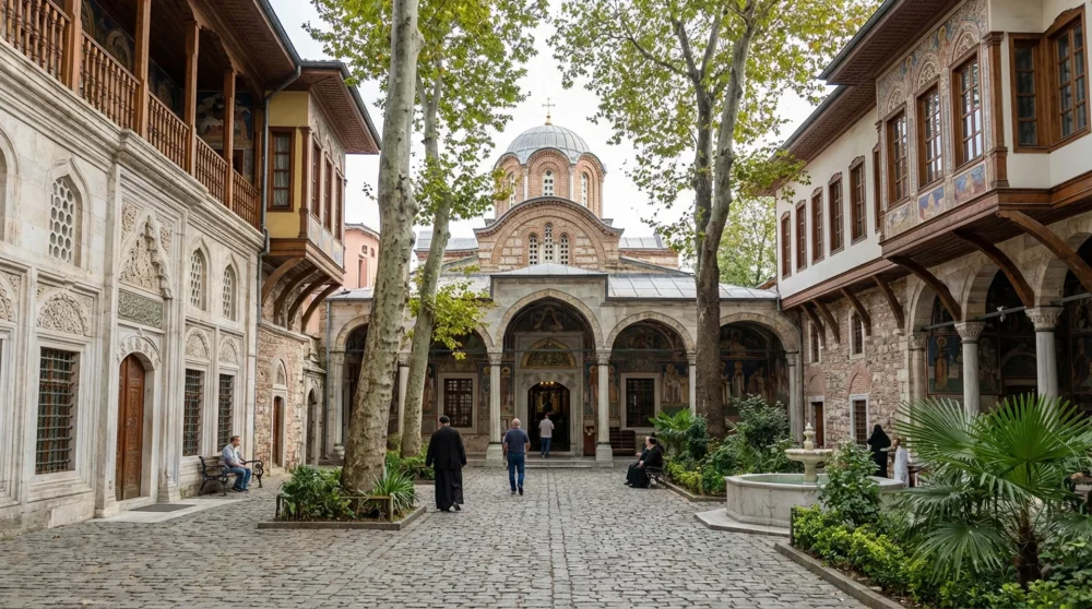 Fener Rum Ortodoks Patrikhanesi'nin altın varaklı ve ahşap oymalı tarihi avlusu