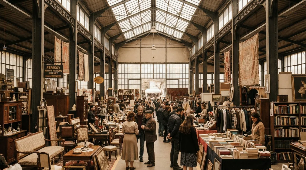 Ferik&ouml;y Antika Pazarı genel g&ouml;r&uuml;n&uuml;m&uuml; ve alışveriş yapan kalabalık