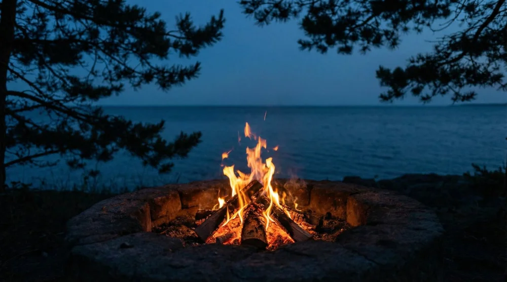 Akşam saatlerinde g&uuml;venli bir ateş &ccedil;ukurunda yanan kamp ateşi ve arka planda deniz silueti