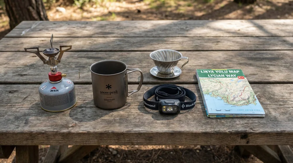 Ahşap zemin &uuml;zerine d&uuml;zenlenmiş kamp ocağı, kafa lambası ve Likya Yolu haritası gibi kamp malzemeleri