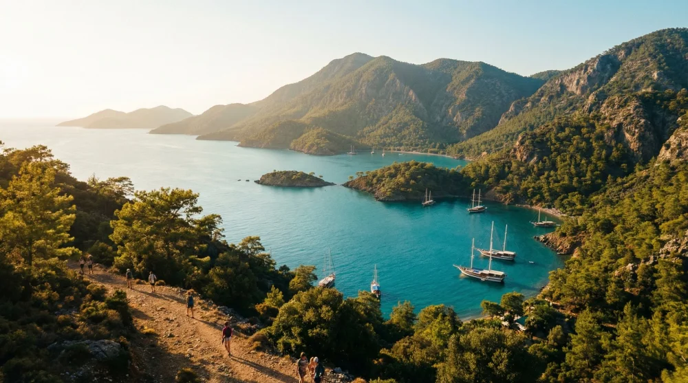 Turkuaz renkli denizi ve yemyeşil &ccedil;am ormanlarıyla Fethiye kıyı şeridinin panoramik g&ouml;r&uuml;n&uuml;m&uuml;