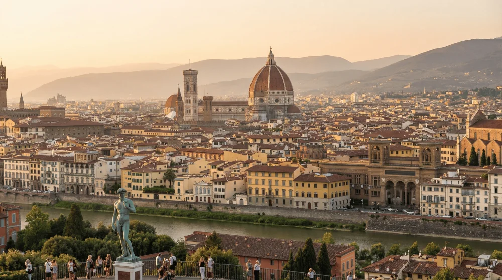 Panoramic view of Florence skyline featuring the Duomo and Arno River from Piazzale Michelangelo