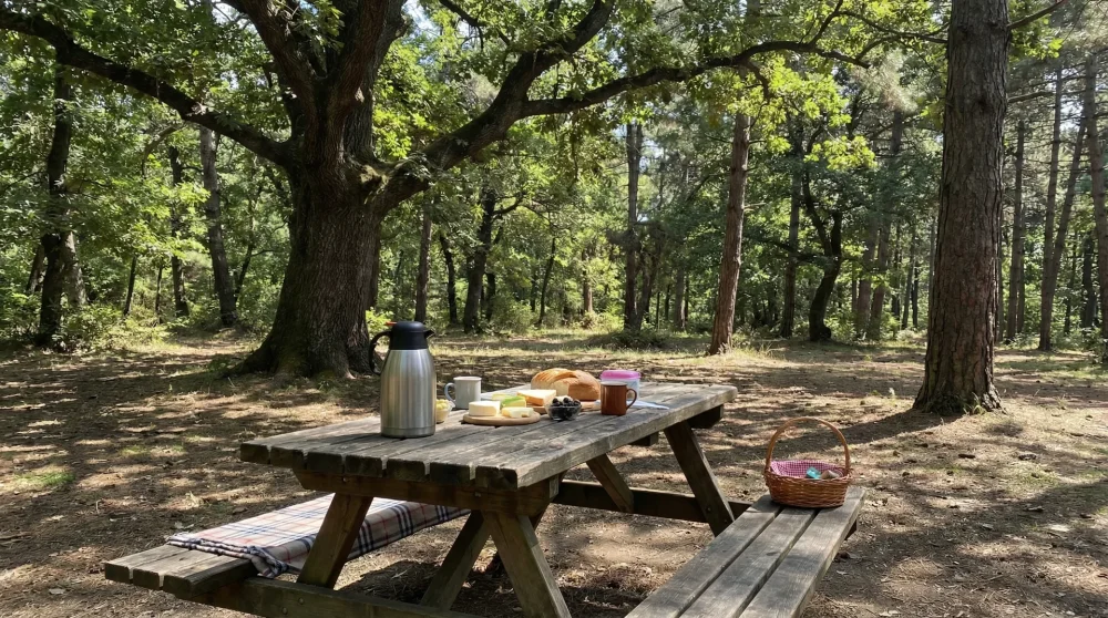 Florya Atatürk Ormanı'nda çam ağaçları altında yer alan ahşap piknik masası ve doğa içindeki huzurlu kahvaltı ortamı