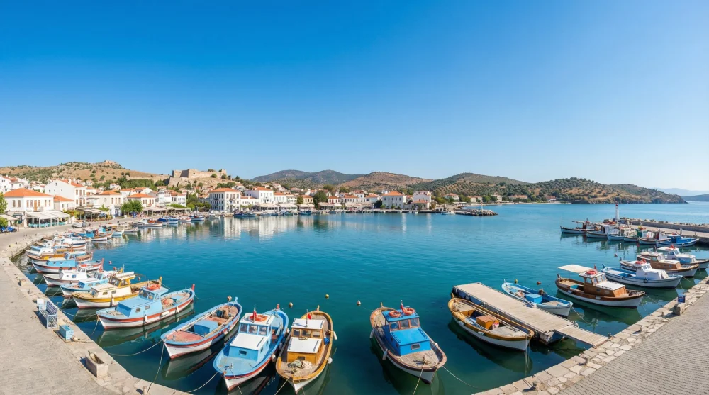 Fo&ccedil;a limanında sıralanmış balık&ccedil;ı tekneleri ve sahil y&uuml;r&uuml;y&uuml;ş yolu