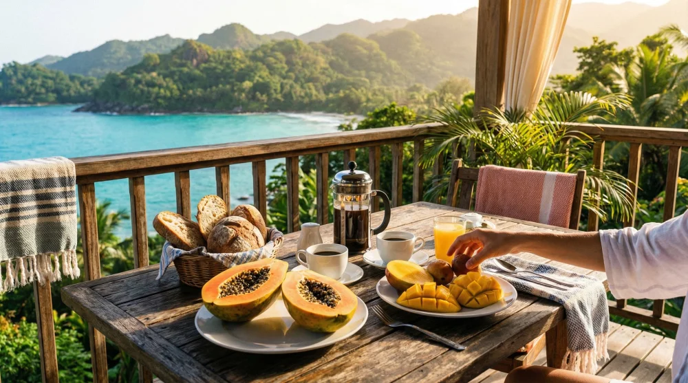 Fresh tropical fruit breakfast served on a balcony with an ocean view in Seychelles