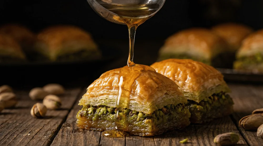 İçi bol fıstıklı, şerbeti üzerinde parlayan altın sarısı Gaziantep baklavası