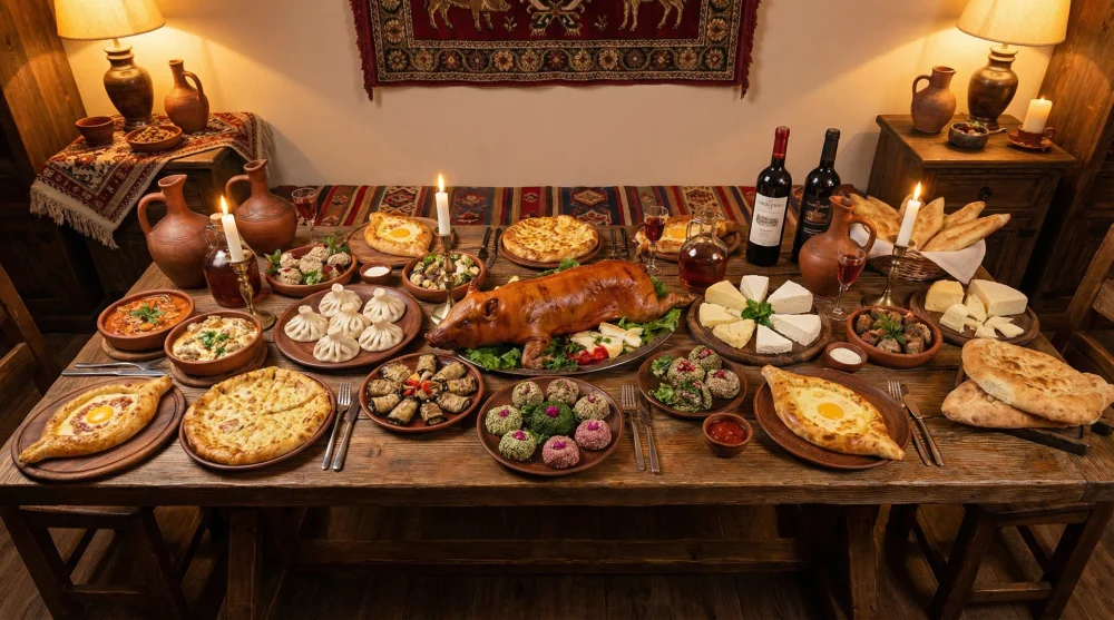 Geleneksel G&uuml;rc&uuml; sofrası supra &uuml;zerinde &ccedil;eşitli yemekler ve şarap