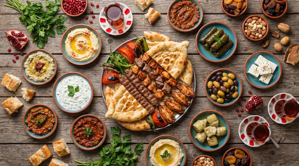 Geleneksel bakır kaplarda sunulan çeşitli Türk yemekleri ve mezelerle donatılmış zengin sofra