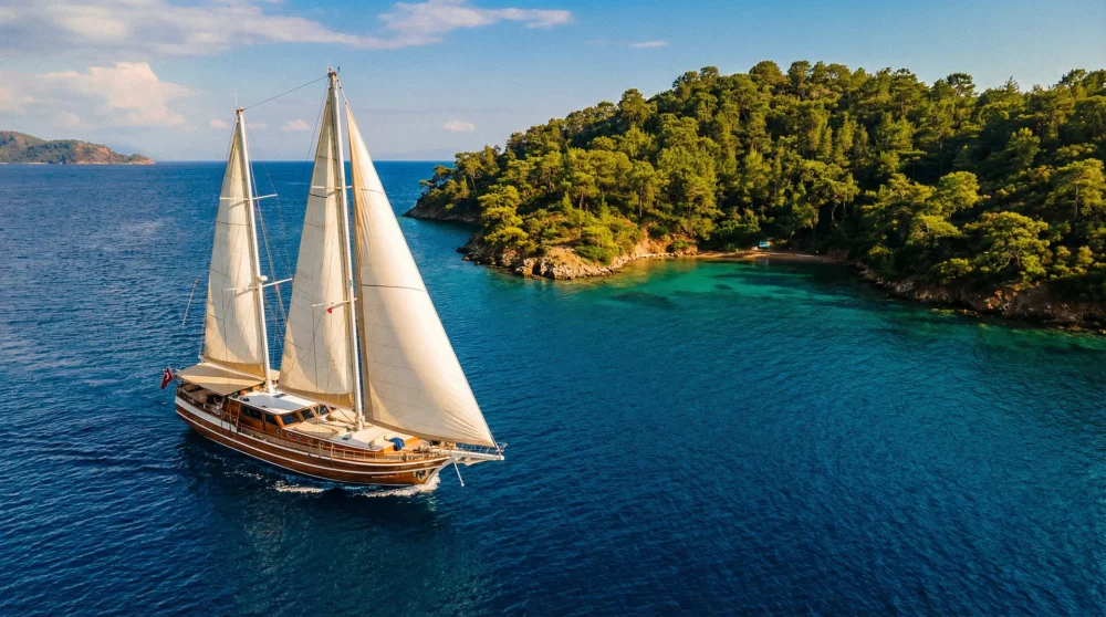 G&ouml;cek koylarında yeşil adalara doğru ilerleyen ahşap tur teknesi