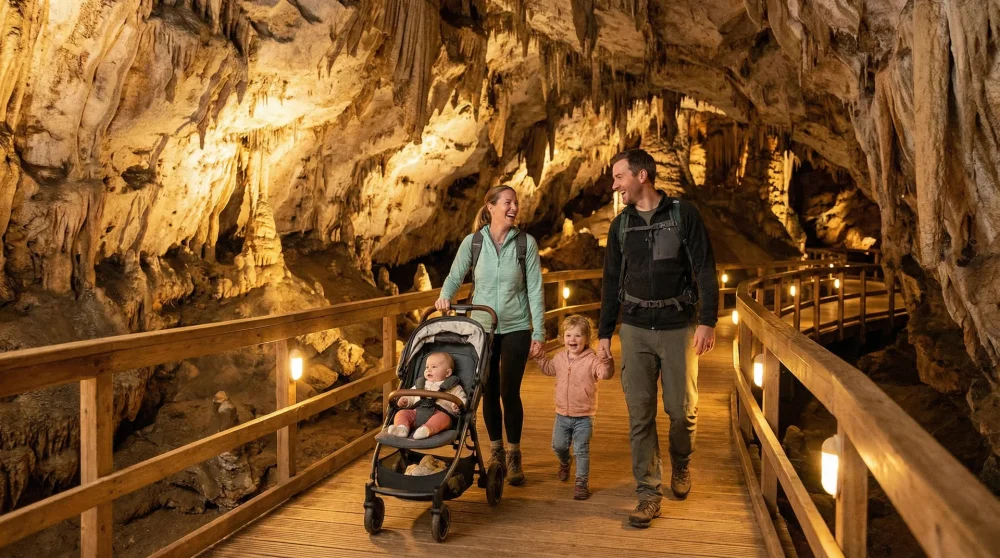 Gökgöl Mağarası'nın düzgün zeminli yürüyüş yolunda bebek arabasıyla gezen aile