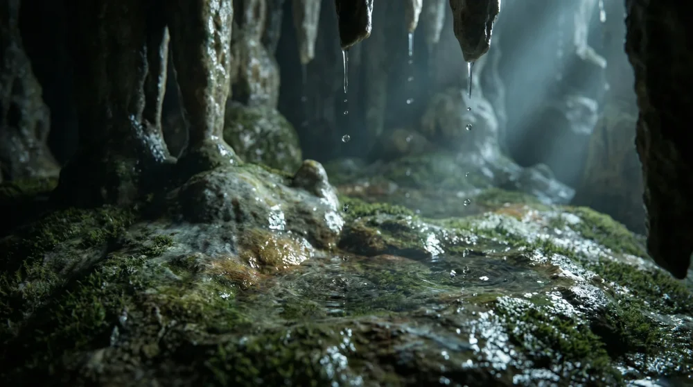 Gökgöl Mağarası'nın su damlayan tavanı ve yer yer ıslak olan yürüyüş yolu zemini