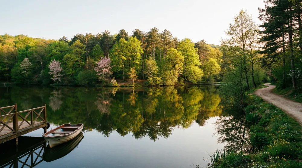 G&ouml;kt&uuml;rk G&ouml;leti Tabiat Parkı sık ormanlarla &ccedil;evrili g&ouml;l manzarası su yansımaları