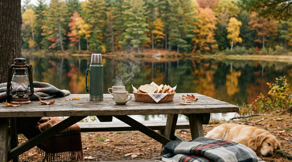 G&ouml;lc&uuml;k G&ouml;l&uuml; manzarasına karşı ahşap masada termos &ccedil;ay ve piknik keyfi
