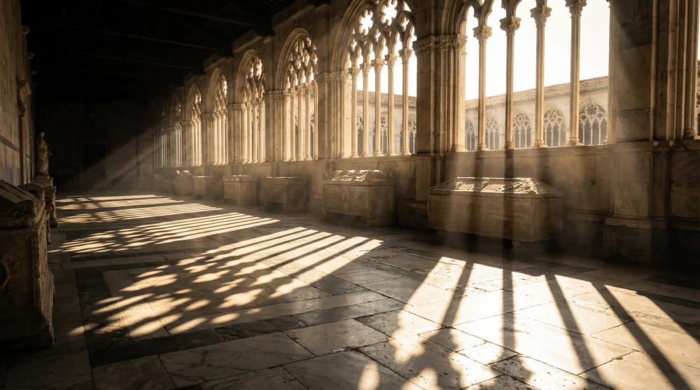 Sunlight casting shadows through Gothic arches onto the marble floor of the Camposanto cloister
