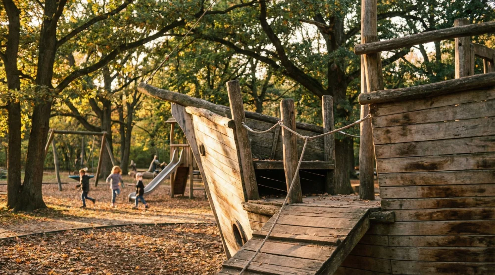 &Ccedil;ocuklar i&ccedil;in tasarlanmış b&uuml;y&uuml;k ahşap oyun teknesi ve park alanı