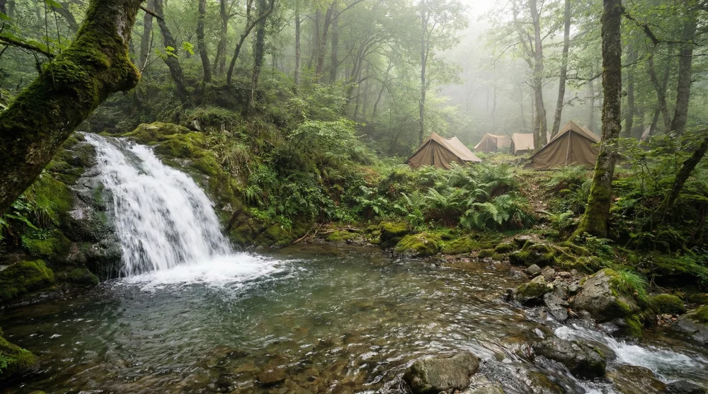 Şile Hacıllı Şelalesi akan su ve çevresindeki yeşil orman dokusu