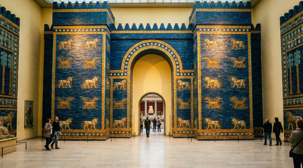 The vibrant blue Ishtar Gate of Babylon featuring dragon and aurochs reliefs