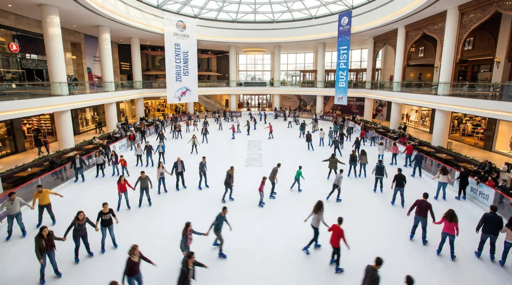 İstanbul'da geniş bir buz pistinde paten kayan mutlu insanlar ve tesisin genel atmosferi