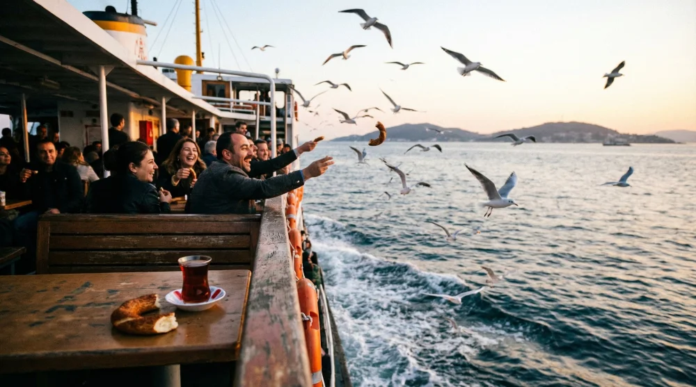 Adalar vapurunda martılara simit atan yolcular ve ince belli &ccedil;ay bardağı