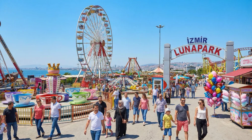 G&uuml;nd&uuml;z vakti &ccedil;alışan oyuncaklar ve ziyaret&ccedil;ilerle İzmir K&uuml;lt&uuml;rpark Lunaparkı genel g&ouml;r&uuml;n&uuml;m&uuml;