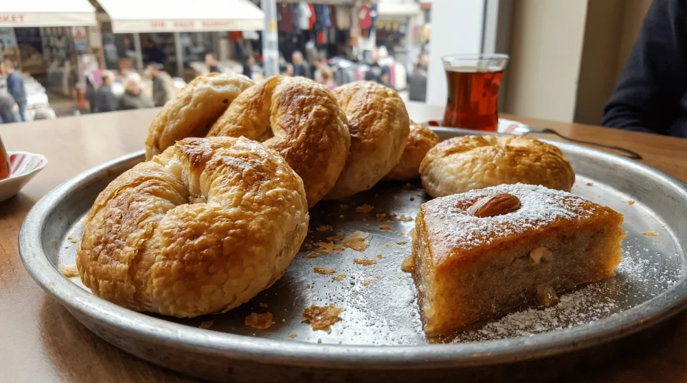 İzmir'e &ouml;zg&uuml; sokak lezzetleri taze boyoz ve şambali tatlısı sunumu