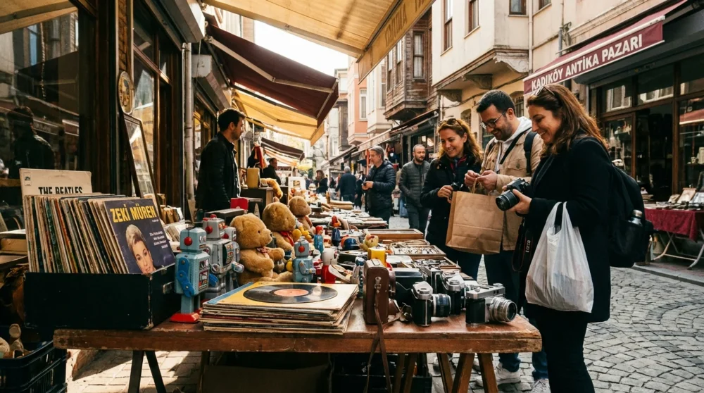 Pazar g&uuml;nleri Kadık&ouml;y antika pazarında satılan eski plaklar, nostaljik eşyalar ve koleksiyonluk oyuncaklar