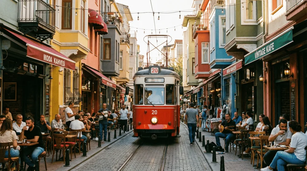 Kadık&ouml;y Moda semtindeki renkli sokaklar, kafeler ve ge&ccedil;en nostaljik tramvay