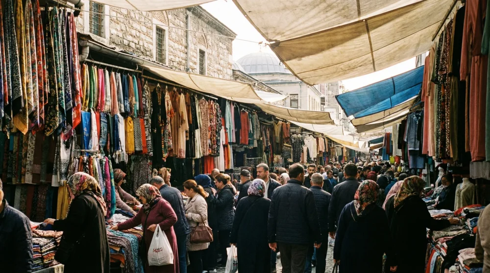 Cuma g&uuml;nleri kurulan sosyete pazarında sergilenen rengarenk par&ccedil;a kumaşlar ve ihra&ccedil; fazlası kıyafetler