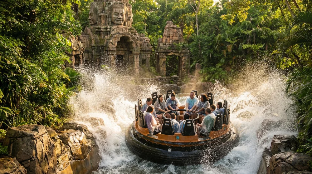 A raft getting soaked while dropping down the waterfall on the Kali River Rapids water ride