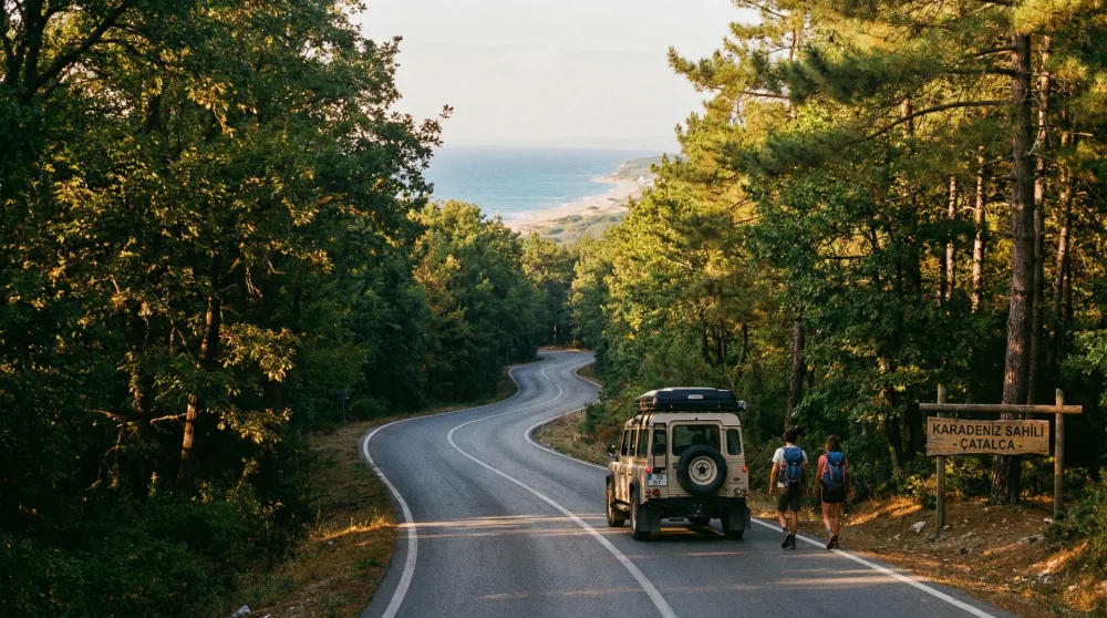 Çatalca'dan Karacaköy ve Evcik Plajı istikametine giden ormanlık ve yeşil virajlı yol
