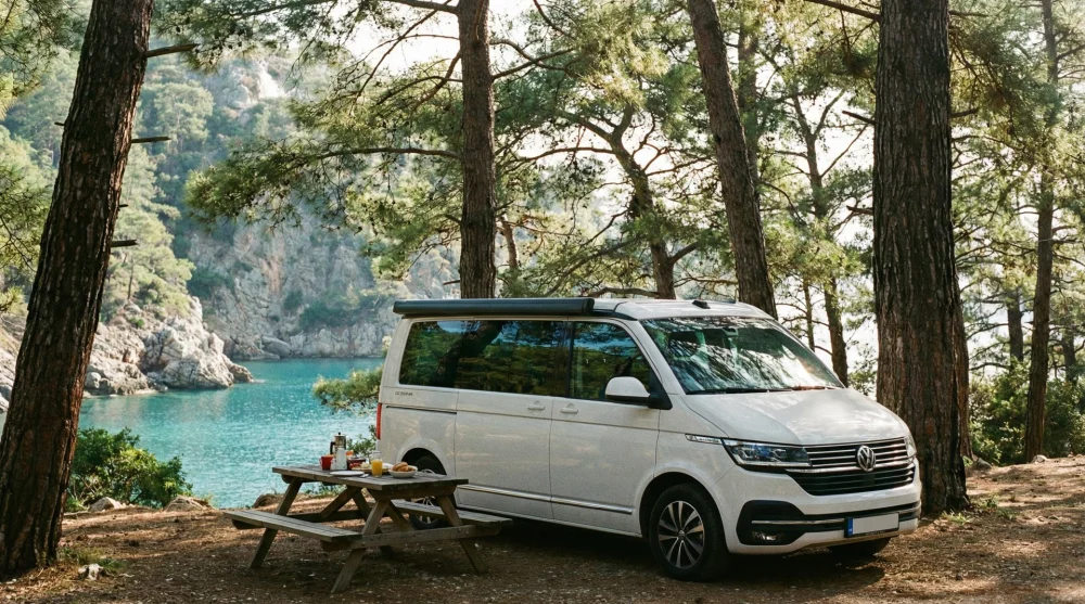 Katrancı Koyu'nda &ccedil;am ağa&ccedil;ları altına park edilmiş modern bir beyaz karavan