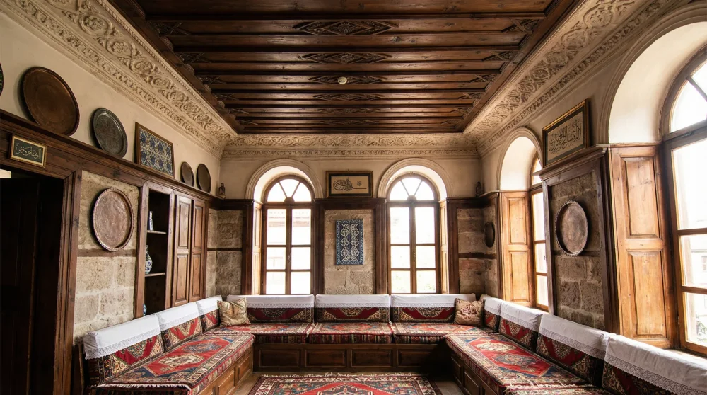 Kaymakamlar Müze Evi'nin zarif ahşap oymalı tavan süslemeleri ve otantik odası