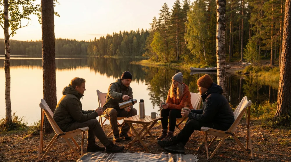 Kemerburgaz Kent Ormanı g&ouml;l kenarında kamp sandalyeleriyle dumansız piknik yapanlar