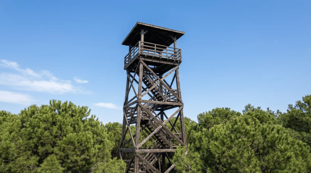 Kemerburgaz Kent Ormanı i&ccedil;indeki ahşap mimarili y&uuml;ksek seyir kulesi