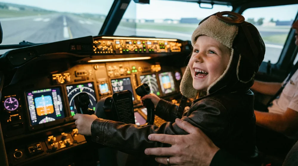 KidZania Havacılık Akademisi uçak kokpiti simülasyonunda pilot çocuk