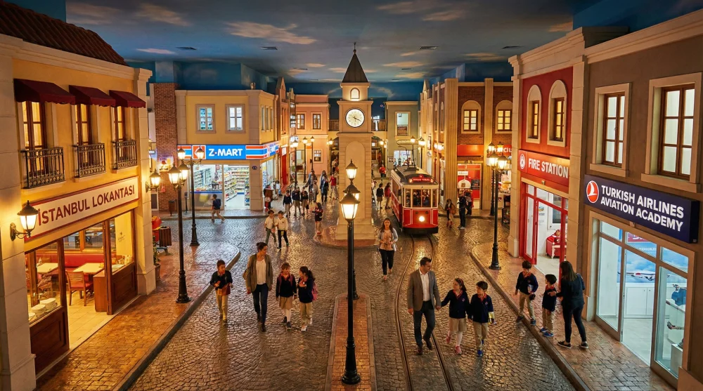 KidZania İstanbul iç mekan şehir meydanı ve minyatür binalar