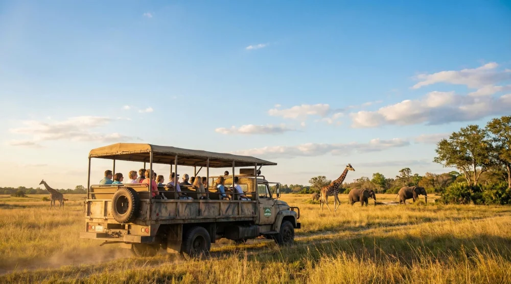 A Kilimanjaro Safaris truck viewing real giraffes and elephants on the Harambe Wildlife Reserve