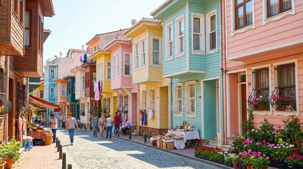 Balat Kiremit Caddesi &uuml;zerinde yan yana dizilmiş pastel tonlardaki tarihi evler