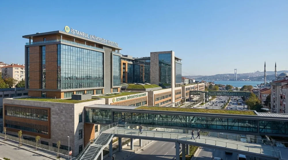 Bayrampaşa Maltepe metrob&uuml;s durağı &uuml;st ge&ccedil;idinden bakıldığında g&ouml;r&uuml;len Ko&ccedil; &Uuml;niversitesi Hastanesi kamp&uuml;s&uuml;