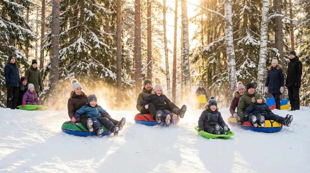 Kuzuyayla Tabiat Parkı şişme kızak pistinde kayan insanlar ve kış eğlencesi