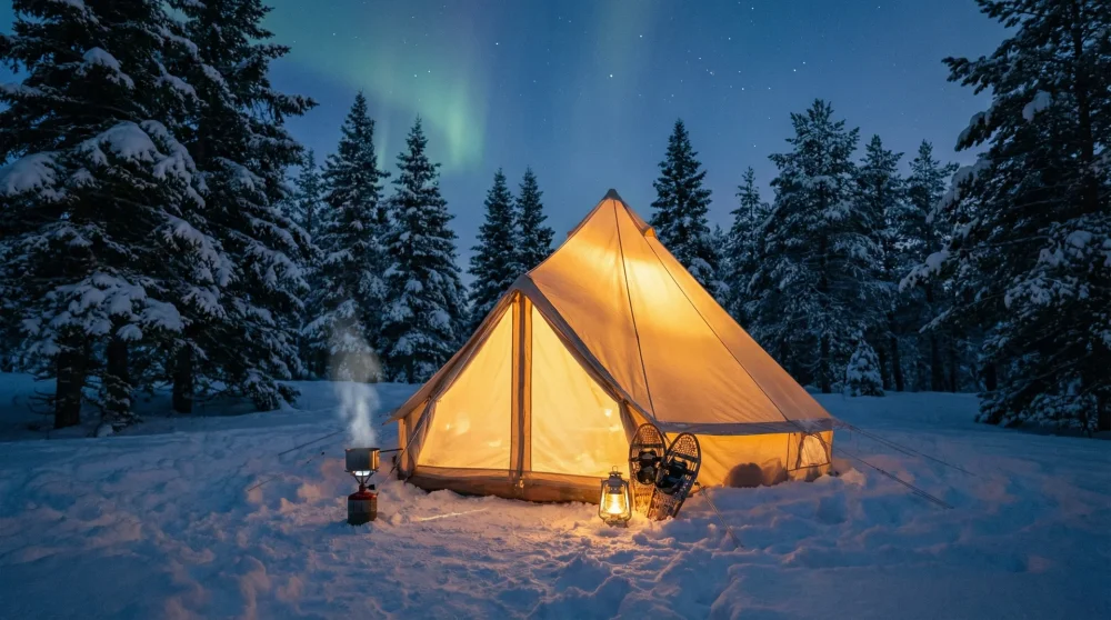 Kuzuyayla Tabiat Parkı kamp alanında karlar &uuml;zerine kurulmuş &ccedil;adır ve portatif kamp ocağı