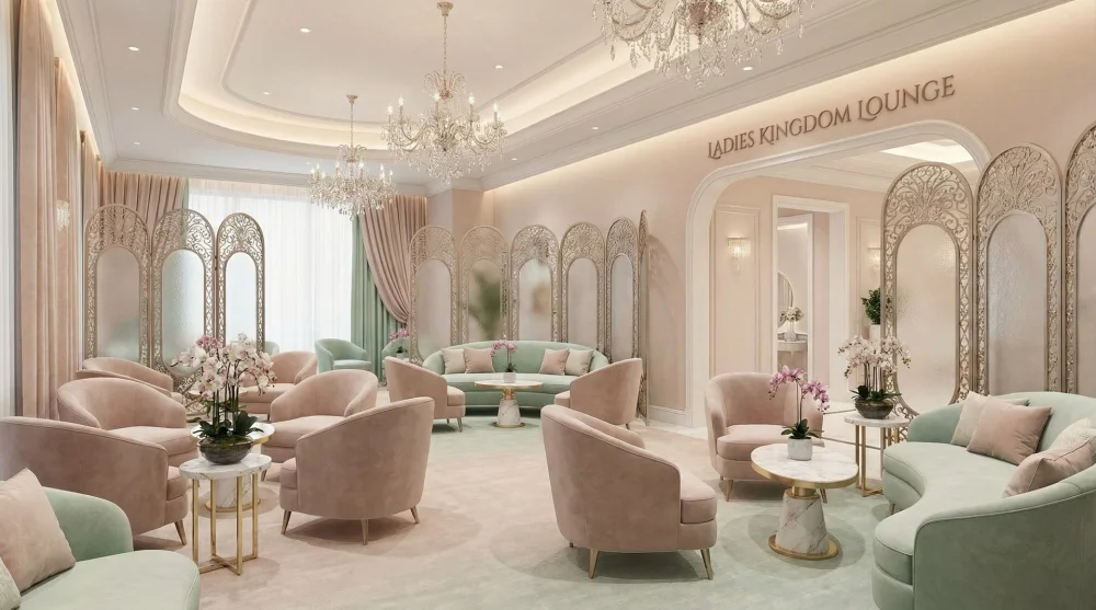 Exclusive lounge area on the Ladies Kingdom floor with elegant decor