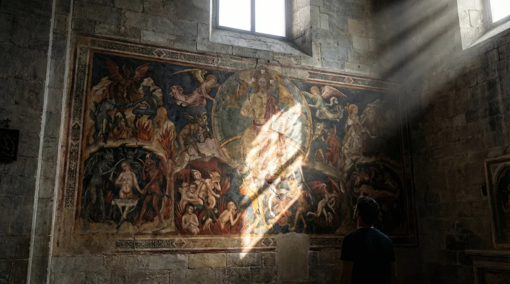 The Last Judgement fresco in Camposanto Pisa depicting scenes of Hell and demons