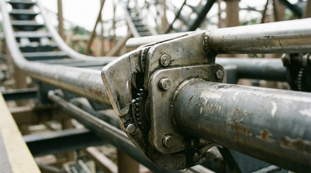 Lunapark oyuncaklarında kullanılan g&uuml;venlik barı ve kilit mekanizması yakından g&ouml;r&uuml;n&uuml;m