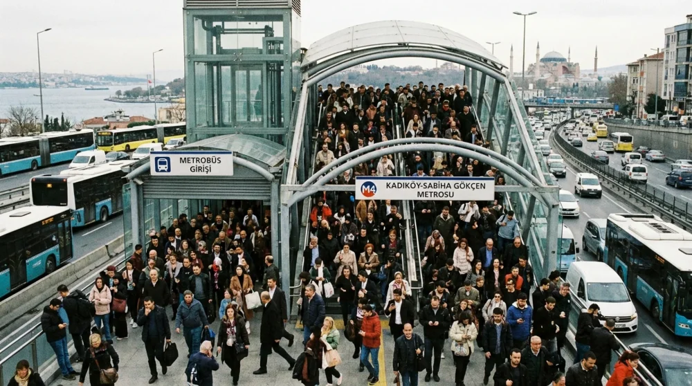 Bayrampaşa Maltepe metrob&uuml;s durağından M1A Yenikapı Atat&uuml;rk Havalimanı metrosuna aktarma yapılan kalabalık &uuml;st ge&ccedil;it yolu