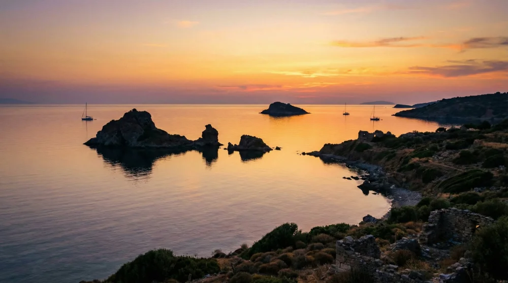 Tuzla Manastır Koyu kayalıklarında g&uuml;n batımı ve deniz manzarası