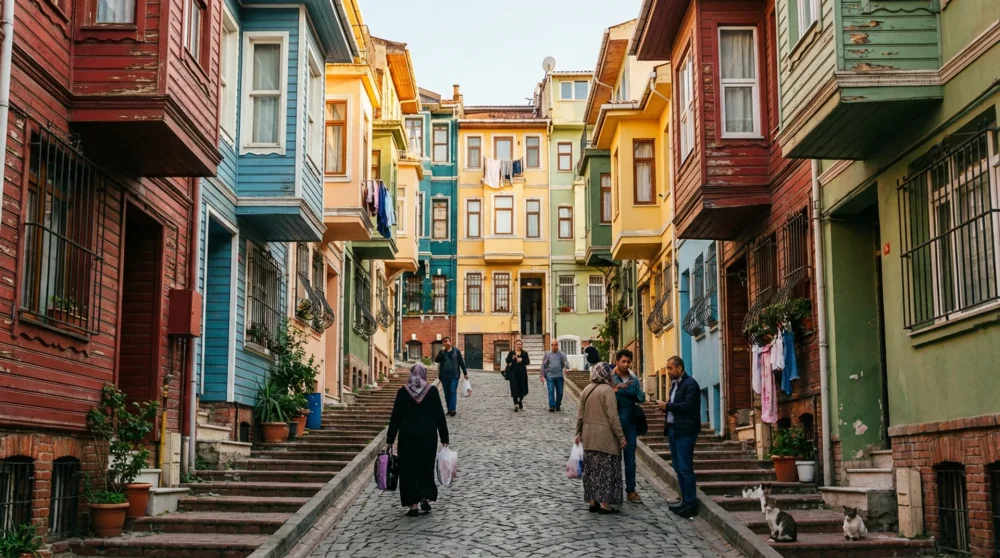 Balat'ta renkli cumbalı evlerin arasından ge&ccedil;en tarihi Merdivenli Yokuş
