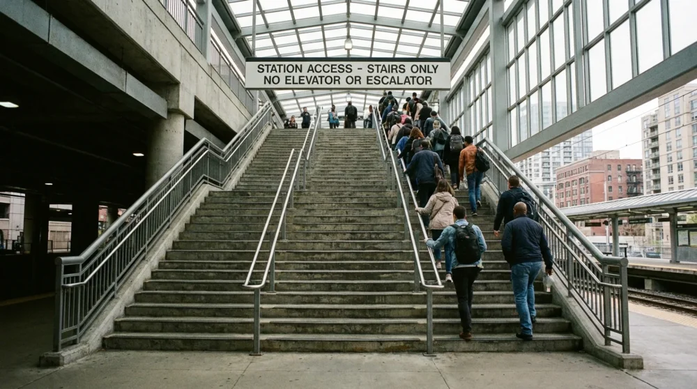 Asans&ouml;r ve y&uuml;r&uuml;yen merdiven bulunmayan Bayrampaşa Maltepe metrob&uuml;s durağındaki uzun &ccedil;ıkış merdivenleri
